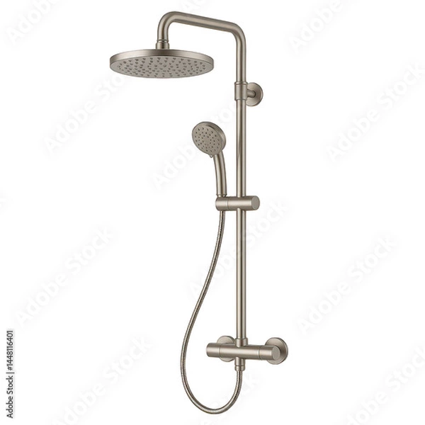 Obraz Modern thermostatic shower system featuring large rain head, adjustable hand shower, and sliding height bar.