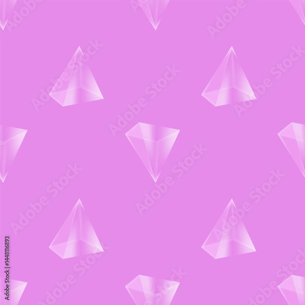 Fototapeta Vector crystal diamond seamless pattern on pink background. Glass transparent prism backdrop. Mineral random triangle pyramid set.