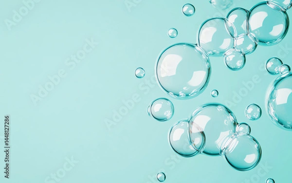 Fototapeta Clear water bubble floating transparent blue background clean fresh abstract light round purity peaceful