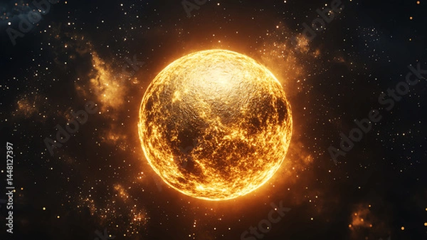 Fototapeta Glowing golden planet in outer space, stars and cosmic dust radiating warmth and energy celestial atmosphere