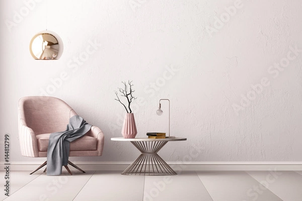 Fototapeta Wnętrze z fotelem i stolikiem na tle pustej ściany, renderowanie 3d, ilustracja 3d.