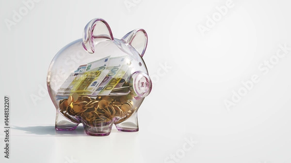 Fototapeta Transparent piggy bank filled with euro banknotes and coins