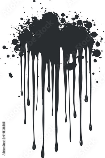 Obraz Black ink splatter with long dripping streaks on white background for grunge design
