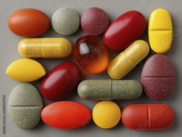 Fototapeta Various shapes and sizes of dietary pills, showcasing different supplement types Clean, bright image - medicine health pharmaceutical different bodybuilding