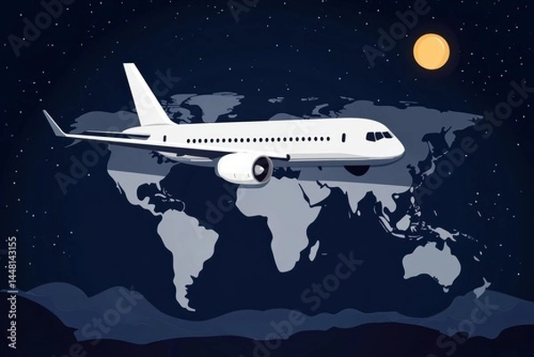 Fototapeta Airplane flying over a world map at night with a bright moon illuminating the scene