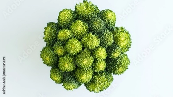 Fototapeta Assortment of raw broccoli heads in fresh green tones, isolated overhead on white