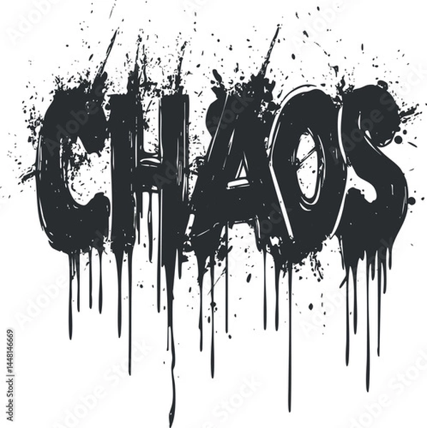 Fototapeta Black grunge style chaos text with paint splatter and dripping effect on white background