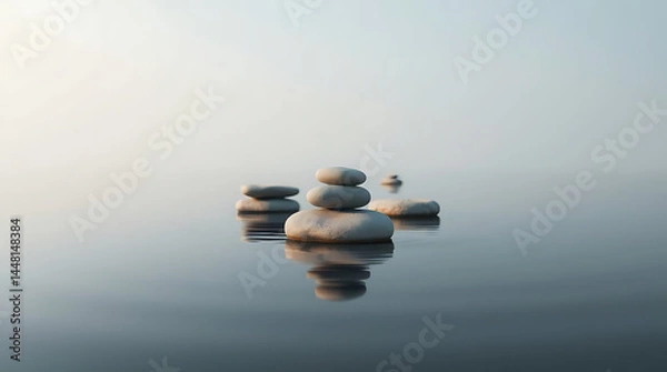 Fototapeta Minimalist zen stones floating on calm water with soft reflections and muted natural colors. Clean composition that evokes peace and stillness, Created with generated AI.