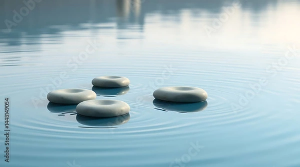 Obraz Minimalist zen stones floating on calm water with soft reflections and muted natural colors. Clean composition that evokes peace and stillness, Created with generated AI.