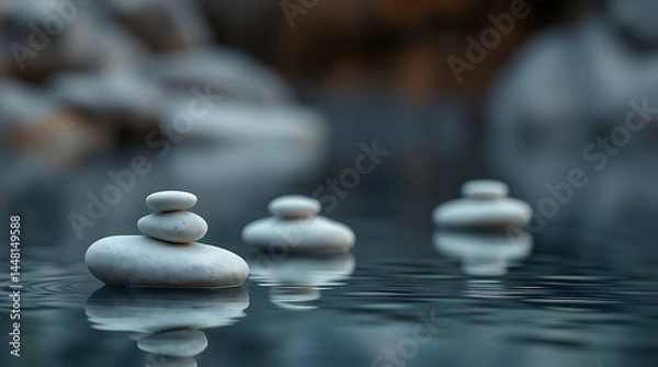 Obraz Minimalist zen stones floating on calm water with soft reflections and muted natural colors. Clean composition that evokes peace and stillness, Created with generated AI.
