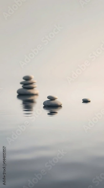 Obraz Minimalist zen stones floating on calm water with soft reflections and muted natural colors. Clean composition that evokes peace and stillness, Created with generated AI.