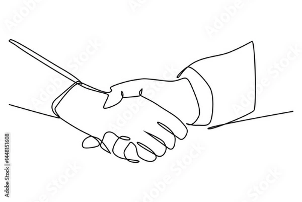 Fototapeta Continuous one line drawing of business men shaking hand to deal a project.