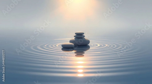 Fototapeta Minimalist zen stones floating on calm water with soft reflections and muted natural colors. Clean composition that evokes peace and stillness, Created with generated AI.
