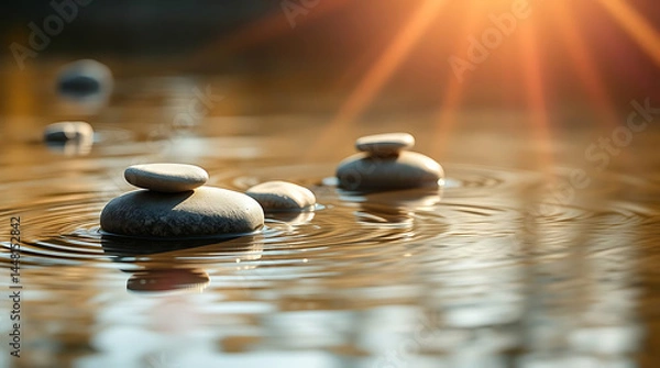 Fototapeta Minimalist zen stones floating on calm water with soft reflections and muted natural colors. Clean composition that evokes peace and stillness, Created with generated AI.