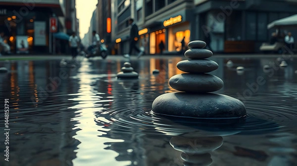 Obraz Minimalist zen stones floating on calm water with soft reflections and muted natural colors. Clean composition that evokes peace and stillness, Created with generated AI.