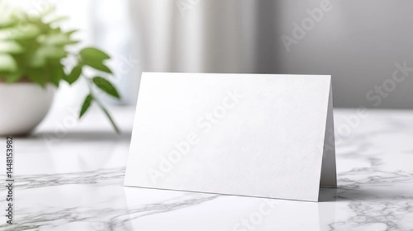 Fototapeta Blank white card standing on a marble surface with a green plant blurred in the background.
