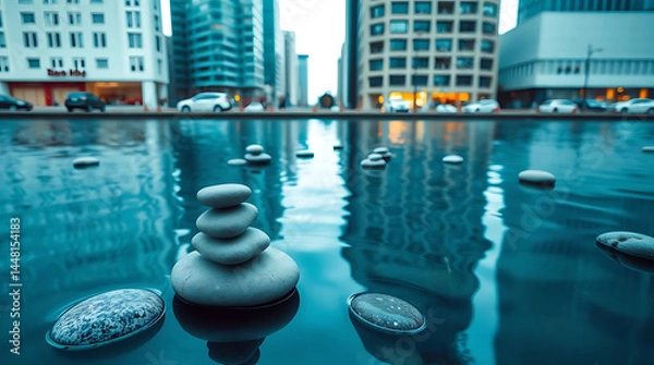 Obraz Minimalist zen stones floating on calm water with soft reflections and muted natural colors. Clean composition that evokes peace and stillness, Created with generated AI.