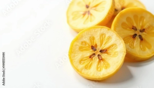 Obraz Dehydrated banana slices, golden brown, on white , banana chips, raw, white background