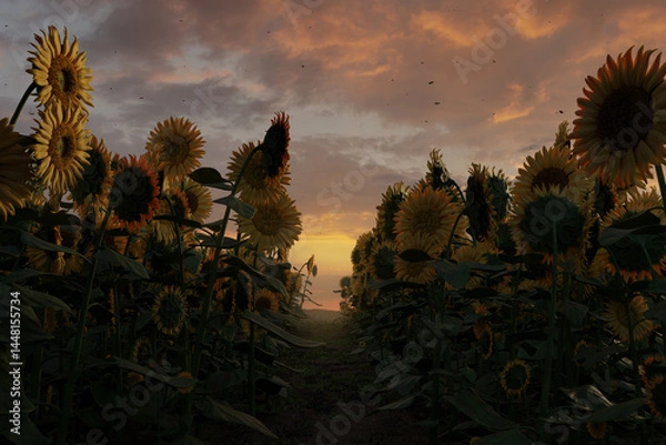 Fototapeta Field of upright sunflowers with a path through them. 3D Rendering