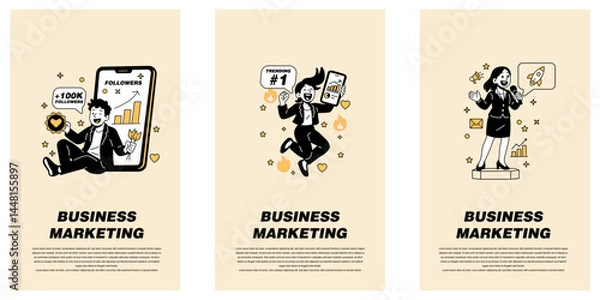 Fototapeta Vector illustrations of marketers celebrating social media growth, viral success, and giving public presentations. Perfect for web, branding, and business marketing visuals