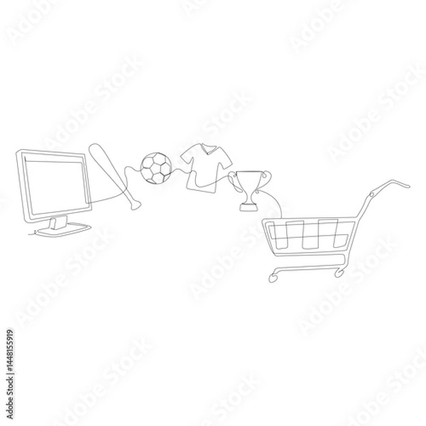 Fototapeta Continuous line drawing of online sports shopping concept with computer, football, jersey, trophy and cart