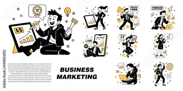 Obraz Vector illustration of business marketing concepts with characters, charts, icons, and growth elements. Ideal for landing pages, presentations, and web campaigns.