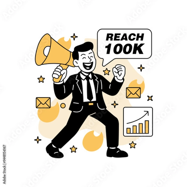 Fototapeta Vector illustration of a businessman holding a giant megaphone, celebrating marketing success and audience growth with email icons and upward chart