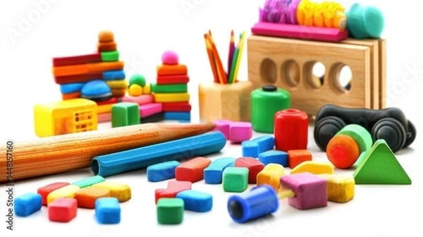 Fototapeta A colorful assortment of toys and blocks on a white surface, including a variety of shapes, colors, and textures.