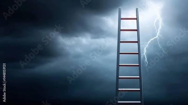 Obraz A ladder stands against a dark stormy sky with lightning striking in the background.