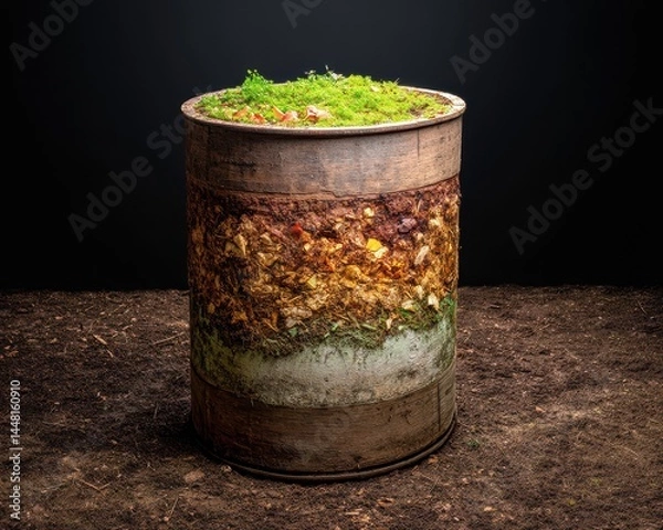 Fototapeta Time-lapse composting barrel decomposition process, visual education tool