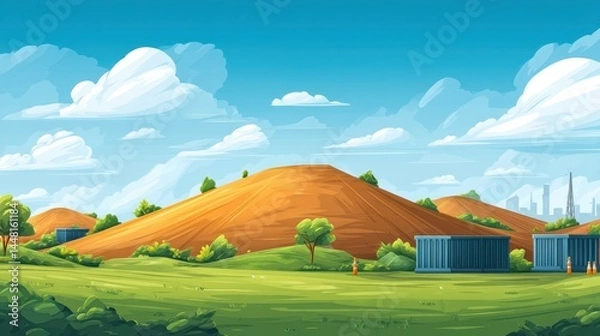 Fototapeta Clean landfill site with greenery and safety measures, sustainable waste disposal system
