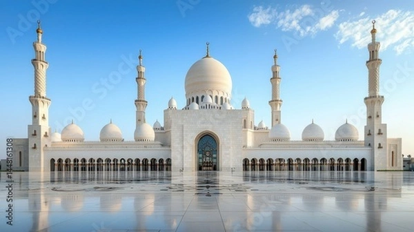 Fototapeta A majestic mosque at the heart of a desert oasis, surrounded by dunes and clear blue skies
