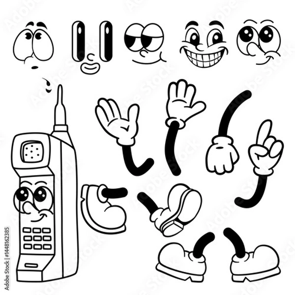Obraz set of carton groovy mobile phone icons. hand drawn vector illustration body part, face, hand, foot