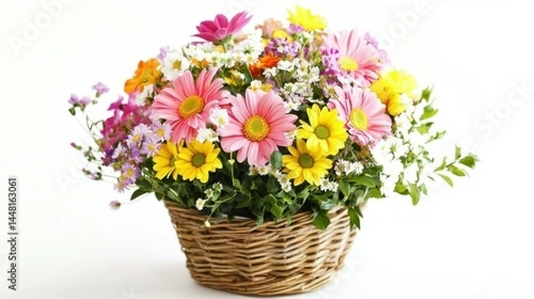 Fototapeta A colorful flower arrangement in a wicker basket on a white background.
