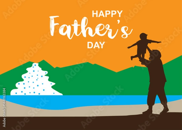 Fototapeta Happy father day. a father and his son are having fun by the sea and mountains at sunset. Silhouette father and son