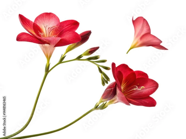 Fototapeta Beautiful freesia flowers bloom in vibrant red hues, showcasing their delicate petals and graceful stems in stunning display of nature artistry