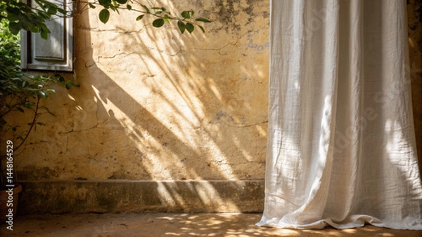 Fototapeta Rustic wall texture with linen curtain edges and natural sunlight casting soft shadows, creating warm and peaceful atmosphere in room