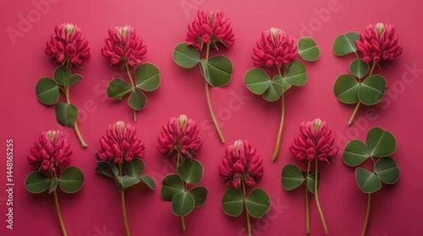Fototapeta Flat lay of red clover (Trifolium pratense) flowers arranged naturally, isolated background