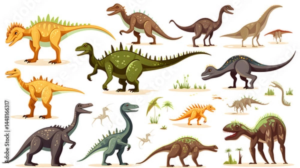 Fototapeta Dino Set: Collection of Prehistoric Dinosaurus like Stegos in Detailed Illustrations