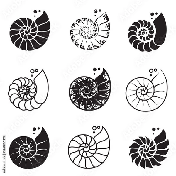 Fototapeta collection of black labels of nautilus shell isolated on white background