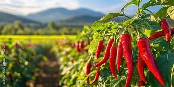 Obraz Close-up of chili plant with red peppers in field under cloudy sky.