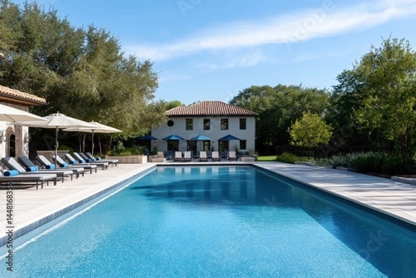 Fototapeta A large pool with a white house in the background. The pool is surrounded by lounge chairs and umbrellas