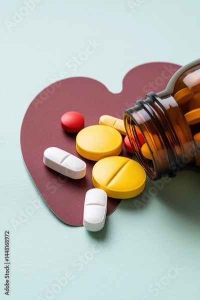 Fototapeta A bottle of pills is opened and scattered on a heart shaped surface. The pills are of different colors and sizes, and the bottle is brown. Concept of care and attention to one's health