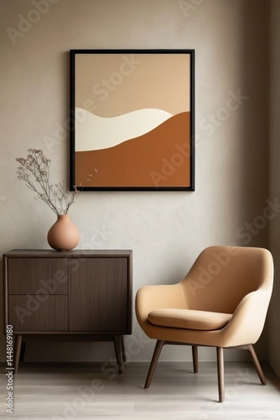 Fototapeta A framed painting of a mountain is hanging on a wall. A vase with flowers is sitting on a table next to the painting. The room has a neutral color scheme, with a tan chair and a wooden cabinet