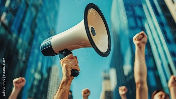 Fototapeta A person holding a megaphone in a cityscape with raised fists.