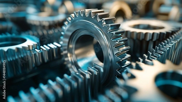Obraz Industrial gears in close-up manufacturing facility high-detail image mechanical environment macro viewpoint engineering concept