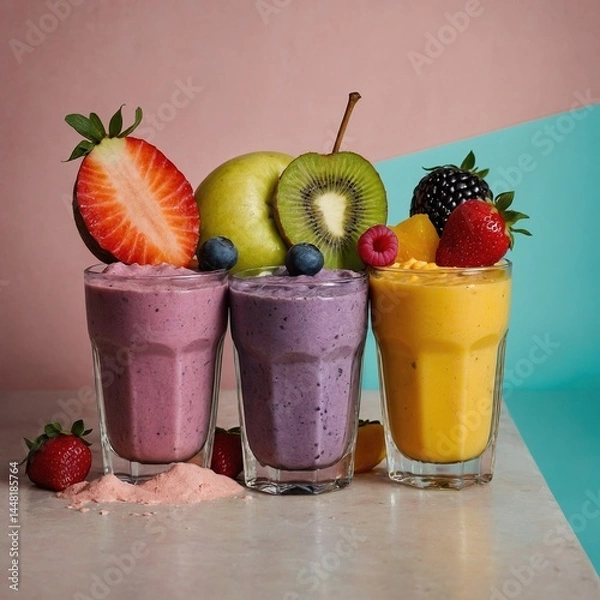 Fototapeta "Refrescante Variedad de Smoothies Naturales: Purple Berry, Green Kiwi, y Yellow Citrus Smoothies Garnishados con Frutas Tropicales y Presentados Sobre un Fondo Claro para Inspirar Nutrición y Creativ