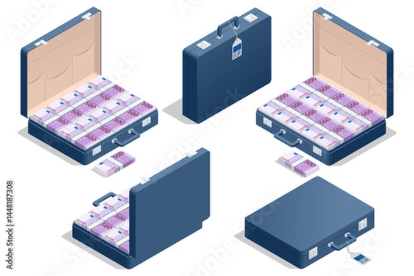 Obraz Isometric vector illustration of a blue suitcase packed with 500 euro banknotes. Symbol of tax evasion, bribery, and cross-border money transfers.