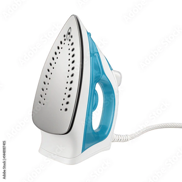 Obraz This sleek white and blue electric steam iron is an essential home tool designed for achieving perfectly smooth, crisp garments.