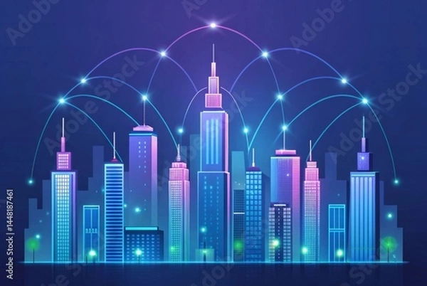 Obraz Futuristic cityscape with glowing 5G towers and network lines connecting smart devices Futuristic city skyline with glowing buildings and network connections.